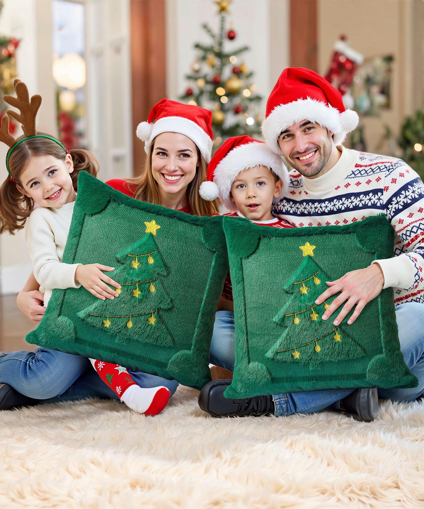 SEGXCFL Christmas Pillow Covers Set of 2 Soft Plush Faux Fur Pillow Cases 3D Embroidered Decorative Couch Cover Home Decor Christmas Throw Pillow Covers 18x18,Green Christmas Tree