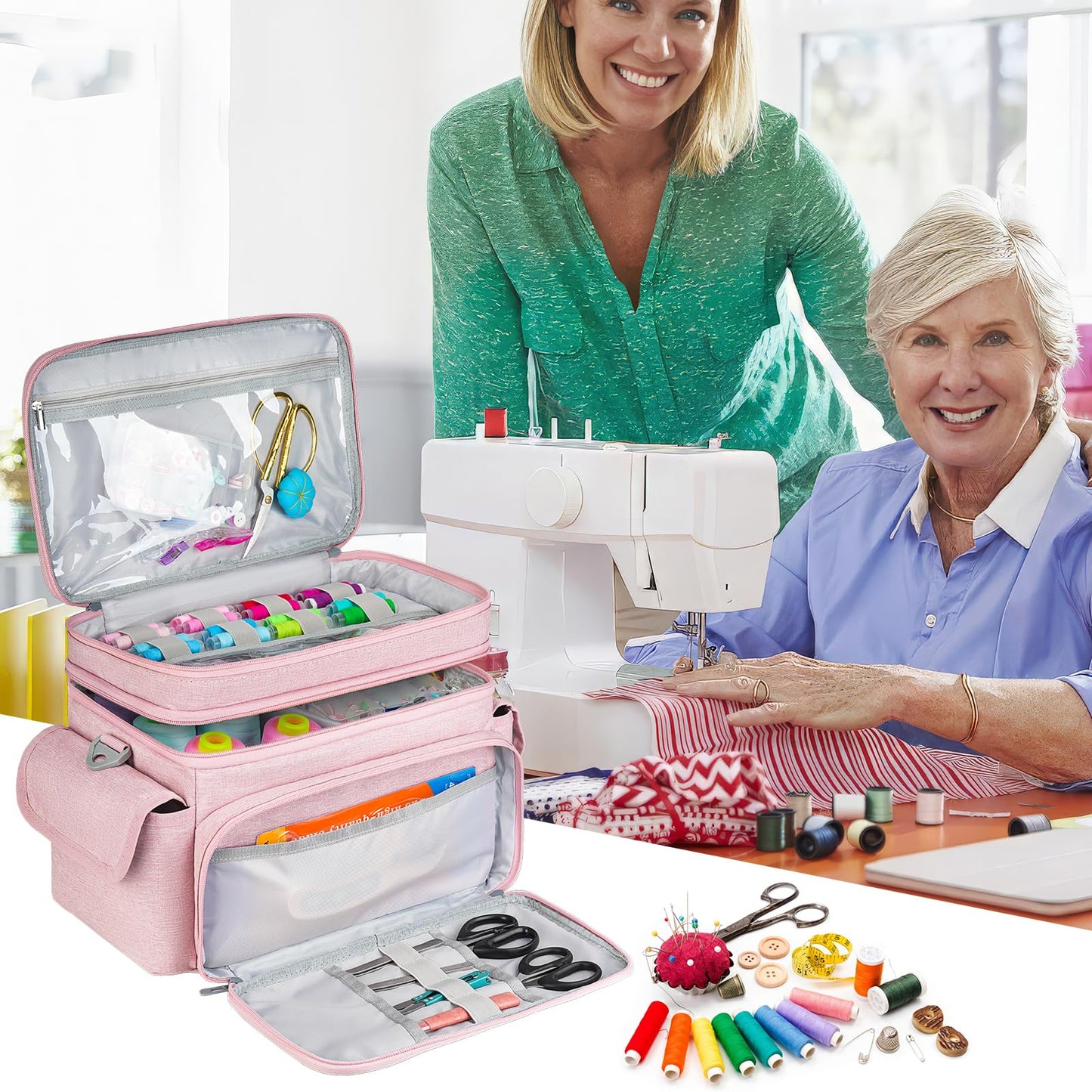 LEFOR·Z Large Sewing Supplies Organizer Storage Bag,Double-Layer Protable Travel Sewing Basket for Sew Accessories & Tools,Pink(Bag Only)