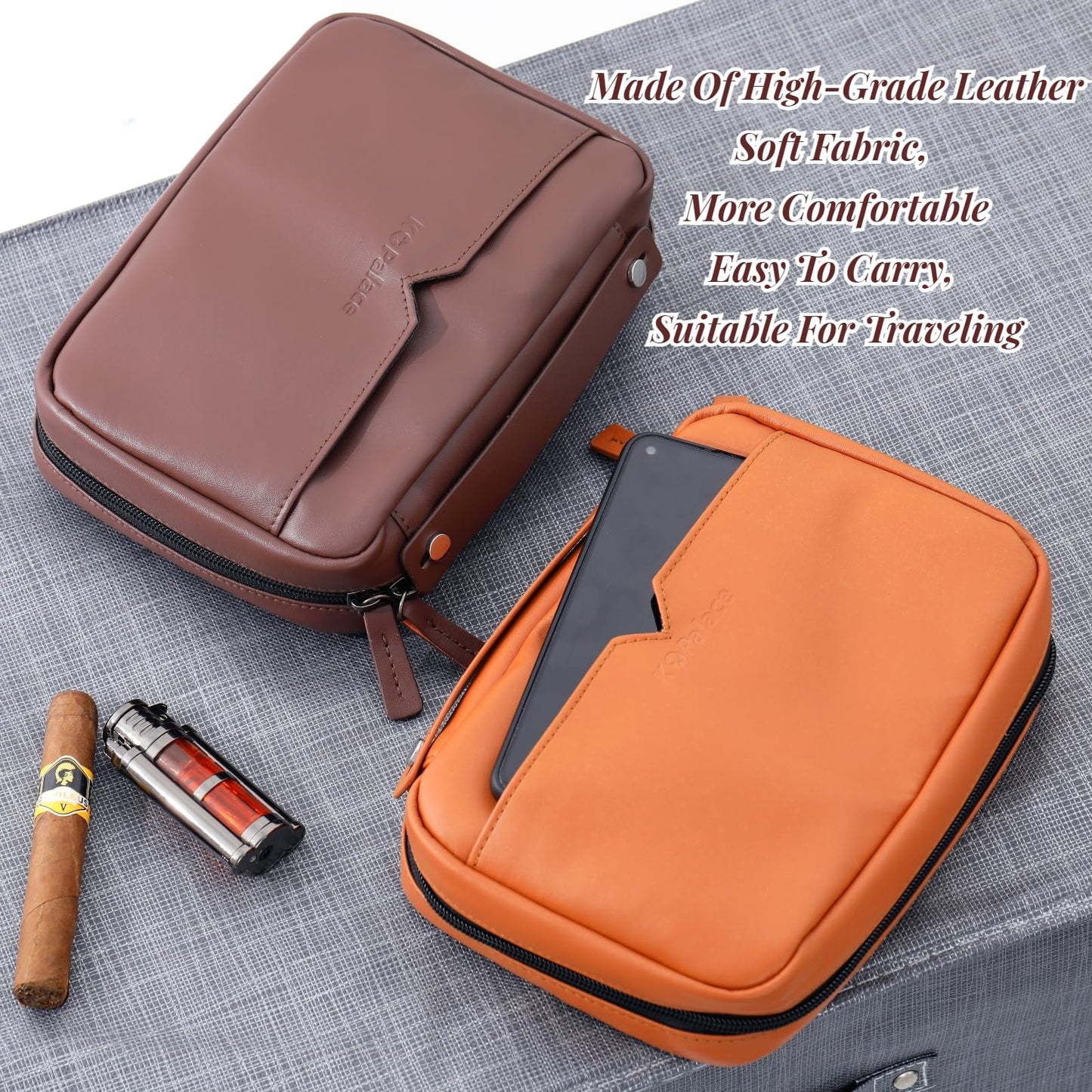 King's palace Portable Cigar Humidor & Leather Travel Cigar Case, with 5-Cigar Holder, 3 Accessory Pockets, 3 Credit Card Slots | Cigar Accessories Gift Set for Men
