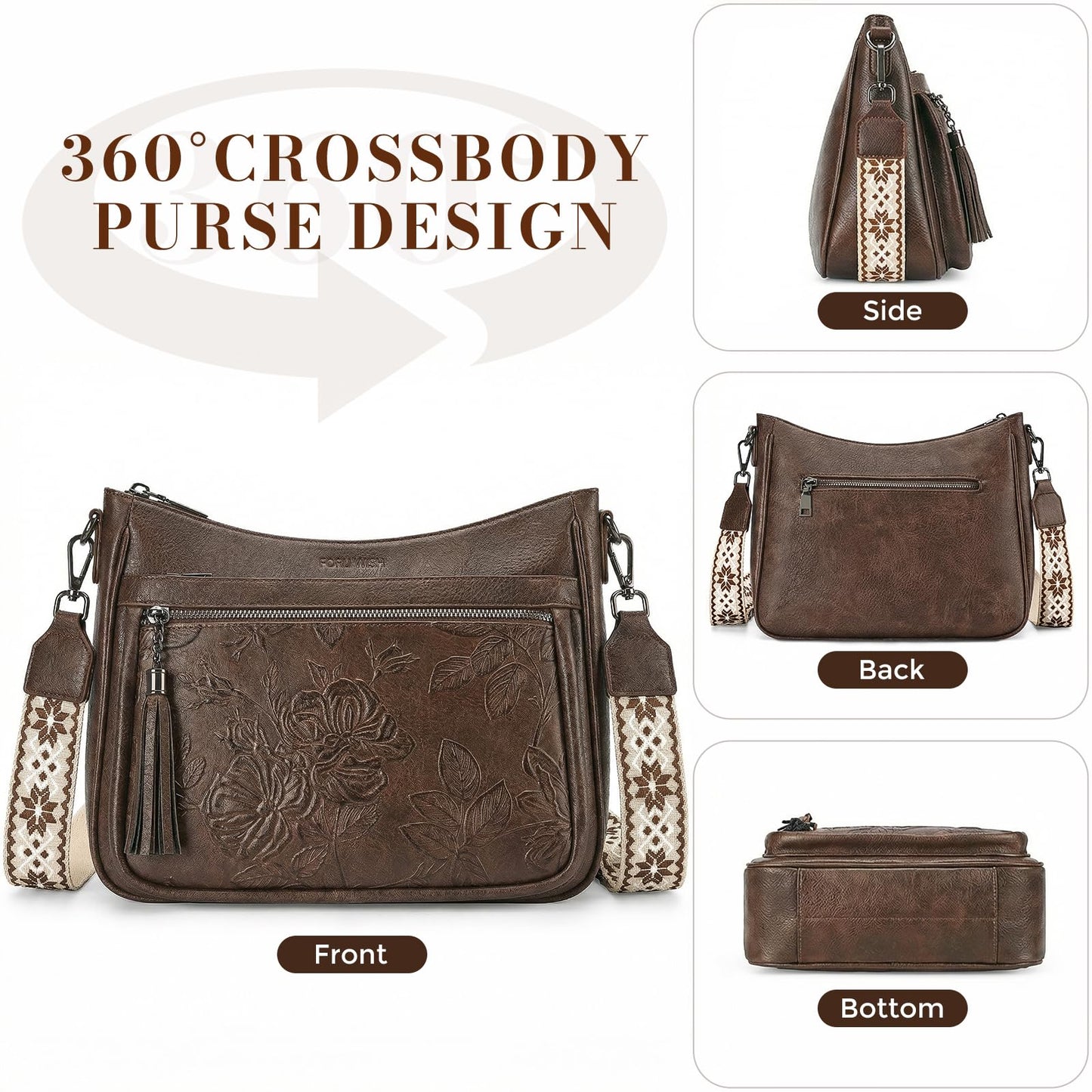 FORUWISH Crossbody Bags for Women, Coffee Brown Vegan Leather Medium Crossbody Purse, Spacious Daily Travel Shoulder Bag with Boho Strap
