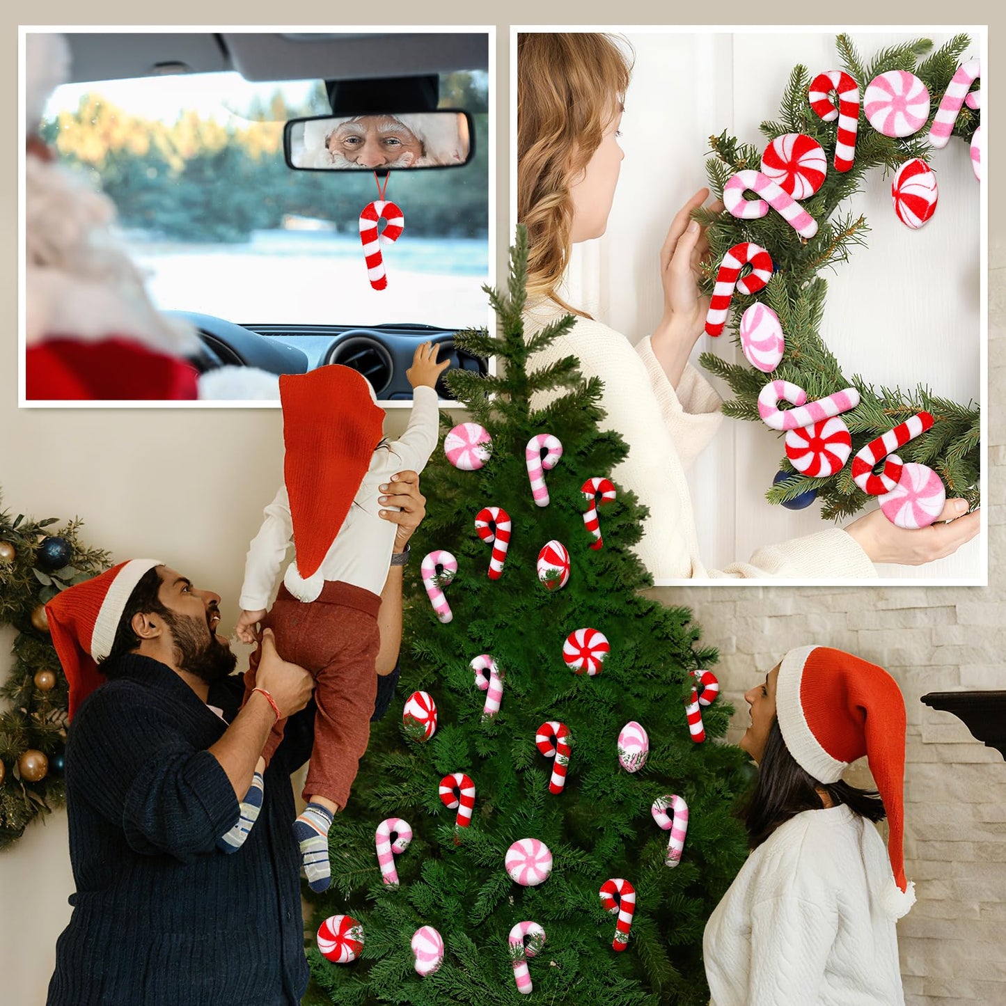 Whaline Christmas Felt Candy Canes Ornament Set Xmas Red Pink White Candy Hanging Decorations with String for DIY Garland Art Crafts Home Party Decor Supplies, 24 Pcs