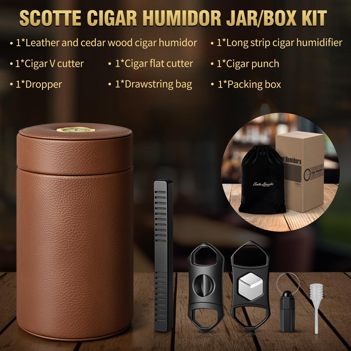 Scotte Cigar humidor case/jar,Leather Cedar Wood Cigar Canister Portable for 12-16 Cigar (Brown)