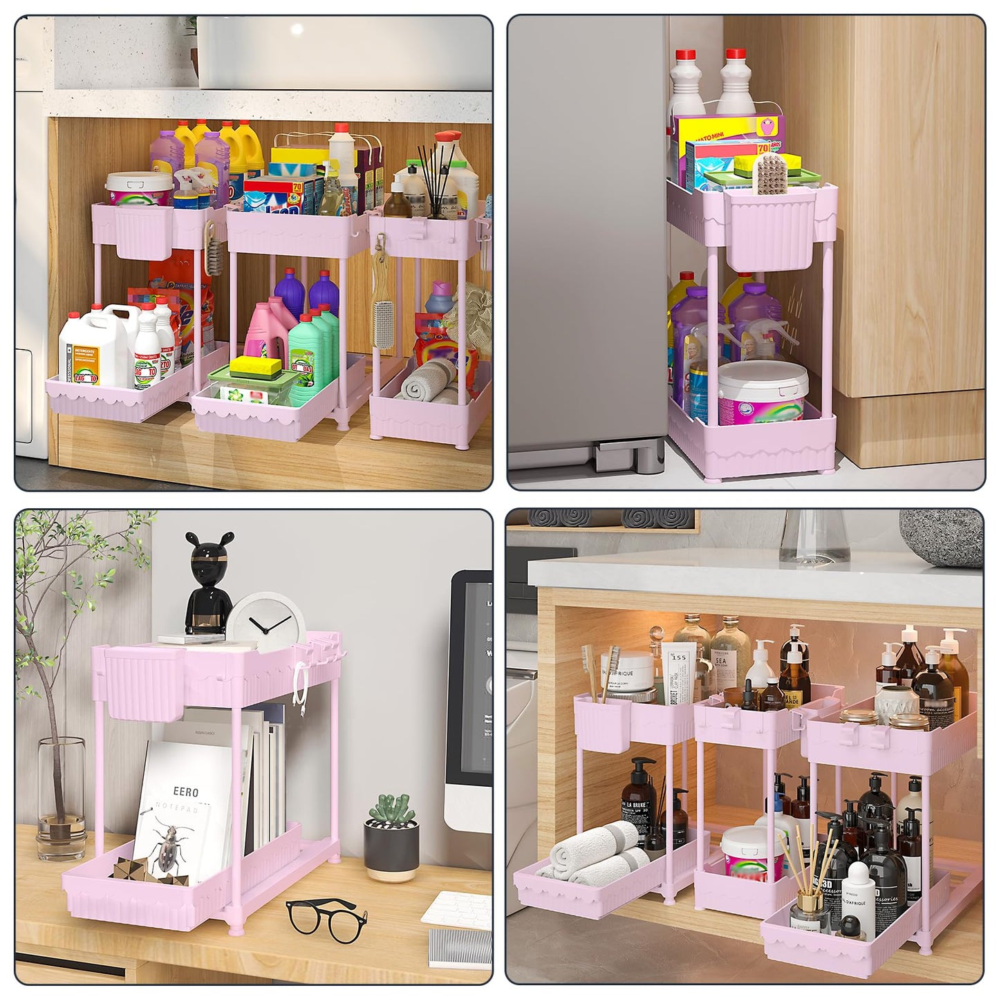 3 Pack Under Sink Organizers, 2-Tier Multi-Use Kitchen and Bathroom Organizers and Storage with Sliding Drawers,Bathroom Cabinet Organizer (Black, 12.8 Inch)