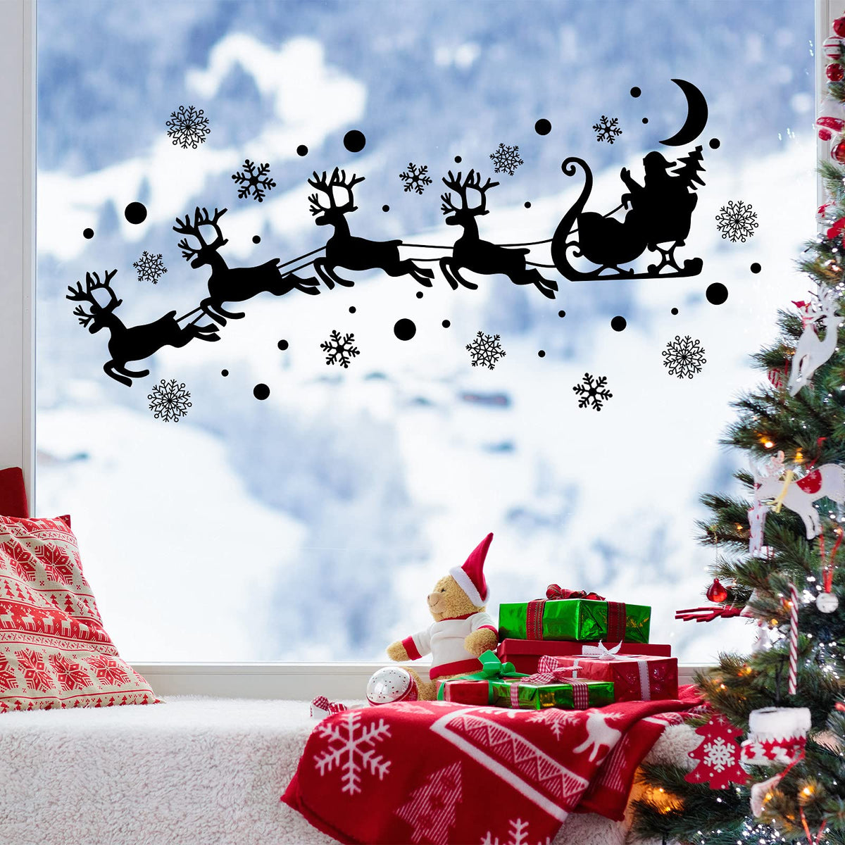 Chinco 4 Sheets Christmas Wall Decal Decor Santa Reindeer Snowflake Window Clings Vinyl Wall Art Decal Removable for Christmas Party Supplies Home Window Decor