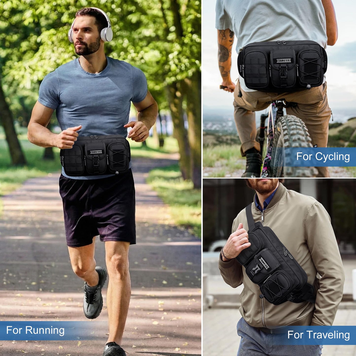 WITZMAN Fanny Pack for Men Fashion Waist Zipper Pack Bags Mens Belt Bag with Multi-pocket for Traveling Daily Walking(B733 Black)