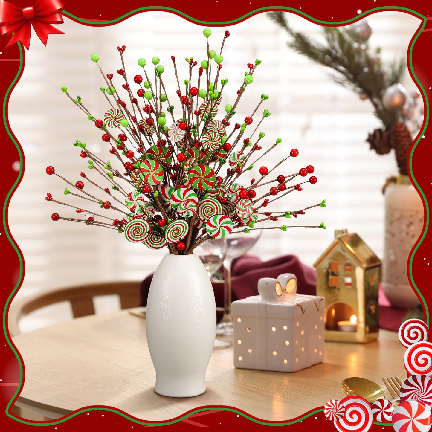 Janinka 8 Pcs Christmas Picks Red and Lime Green Candy Cane Decor Xmas Tree Picks Red Green Christmas Decorations Candy Xmas Tree Topper Lollipop Elf for Vase Fillers DIY Crafts Displays Home New Year