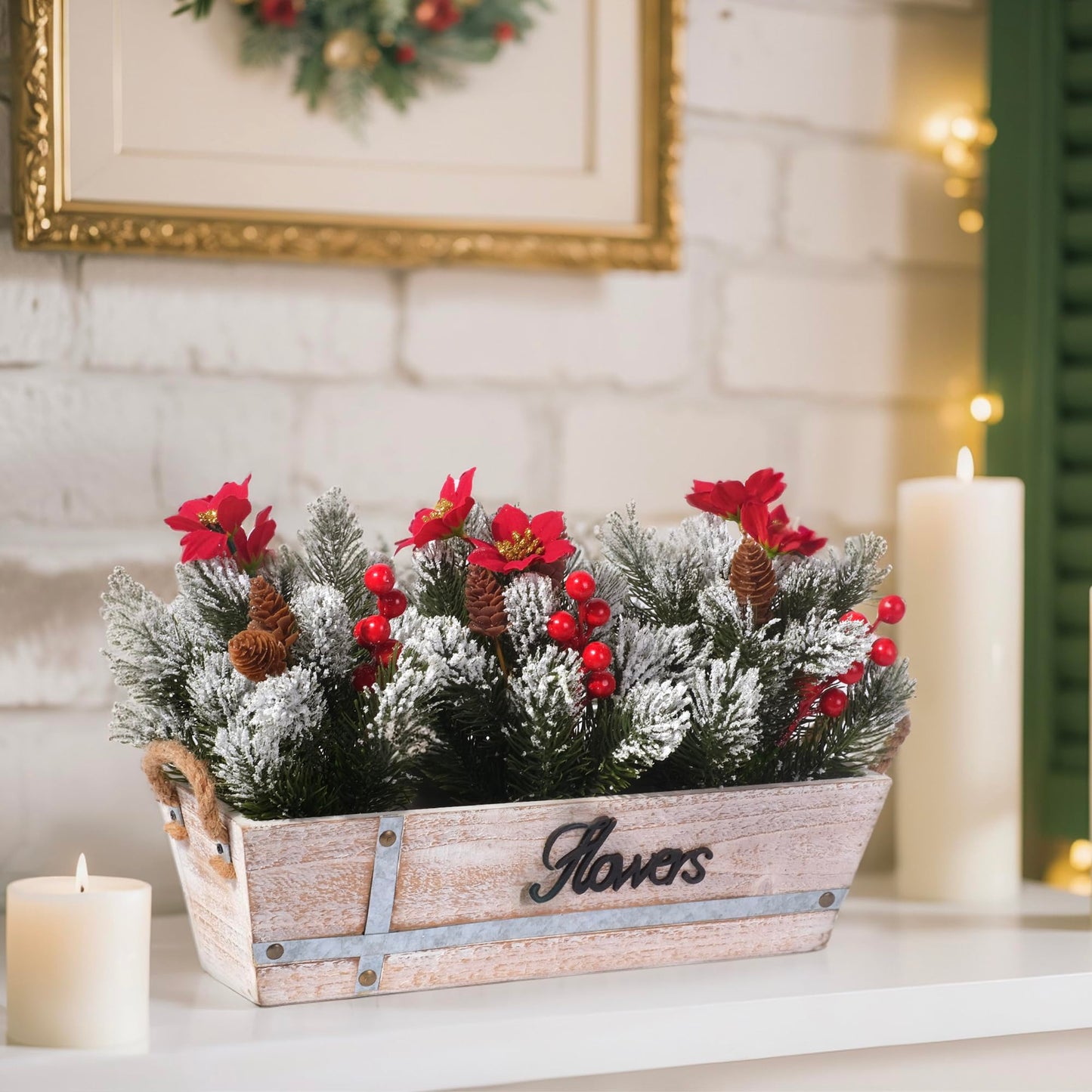 Artificial Christmas Centerpiece with Snowy Norfolk Pine Garland, Poinsettias, Berries & Pine Cones in Rustic Wood Planter – Holiday Table Decoration for Home, Kitchen, Office, or Mantel