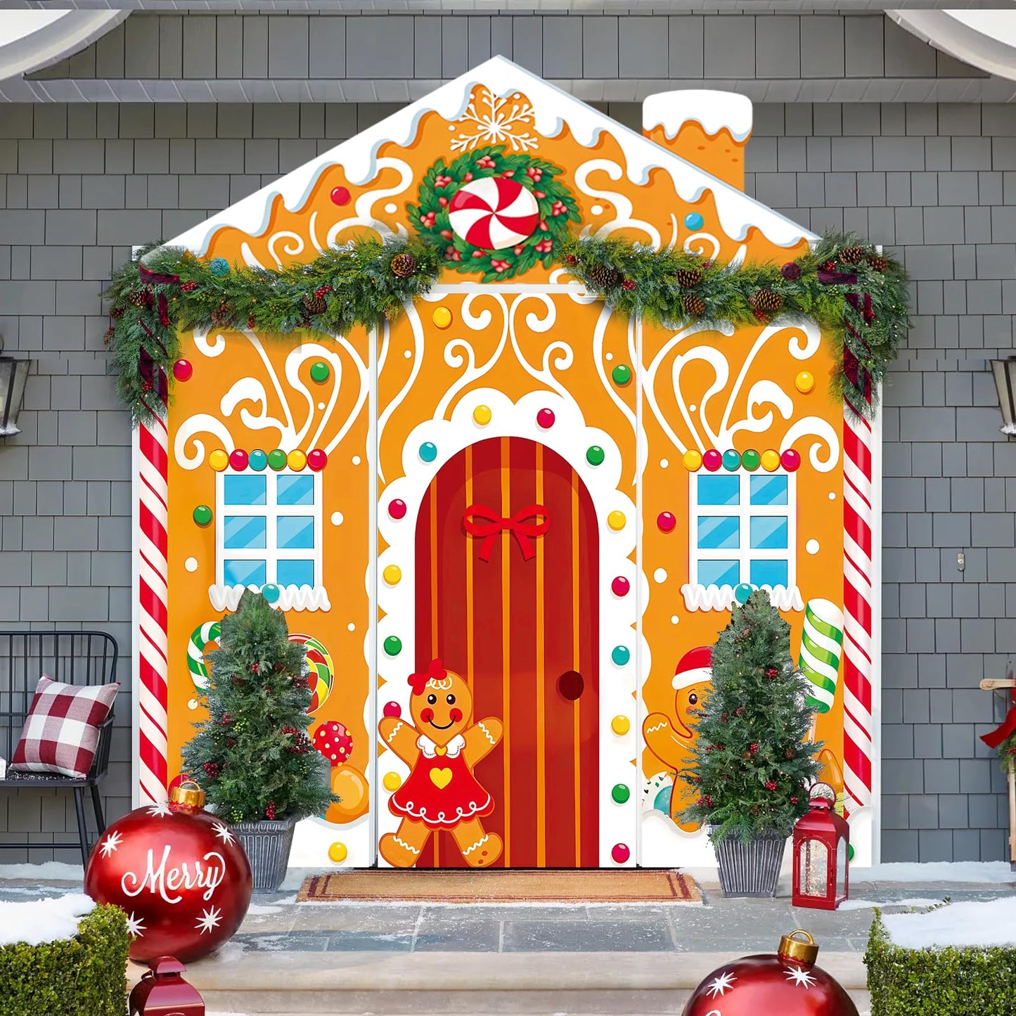 4Pcs Christmas Gingerbread Door Cover Decorations,Gingerbread House Candy Porch Banner Sign for Xmas Holiday Classroom Office Home Party Decor