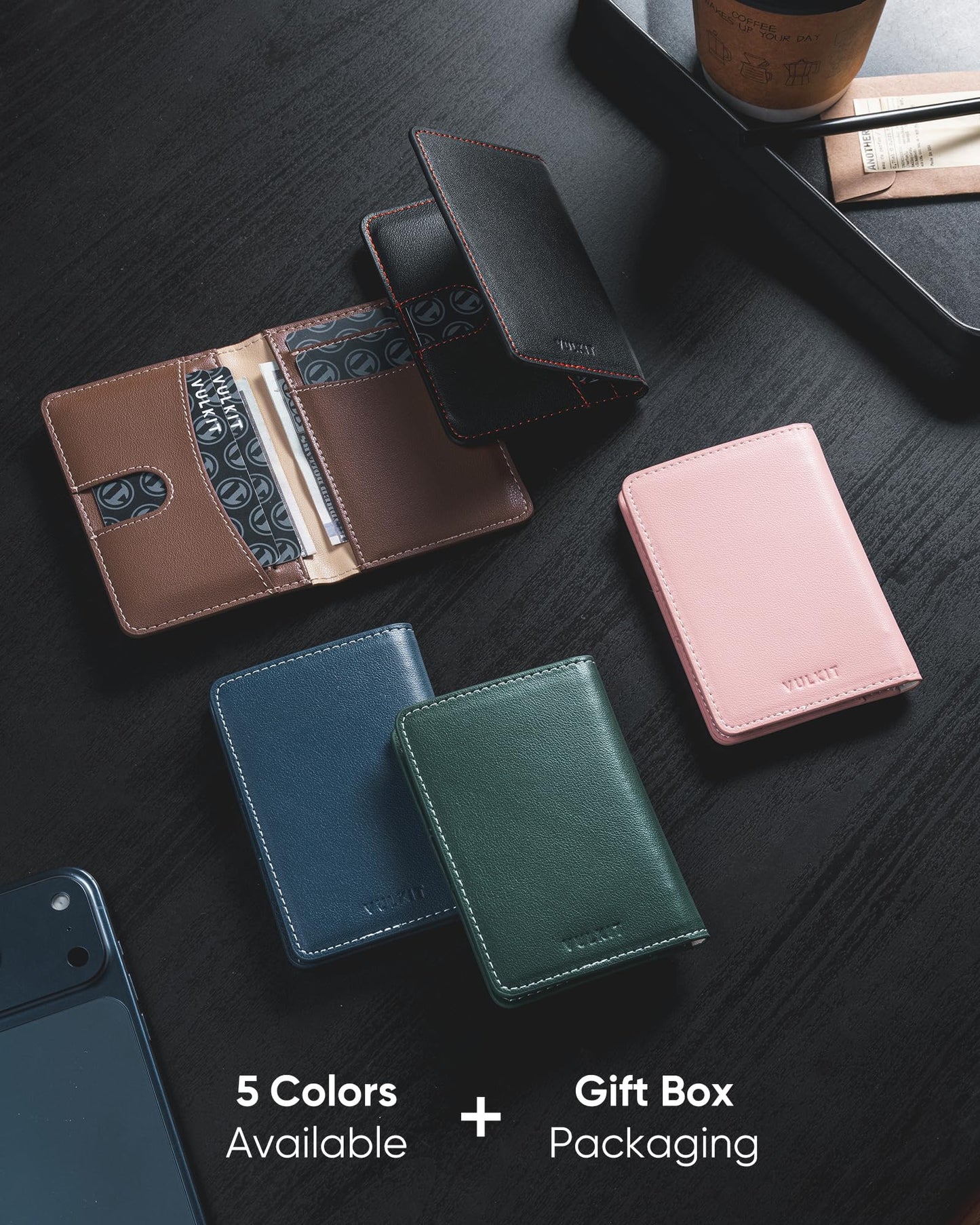 VULKIT Leather Slim Bifold Credit Card Holder for Max 8 Cards, Black