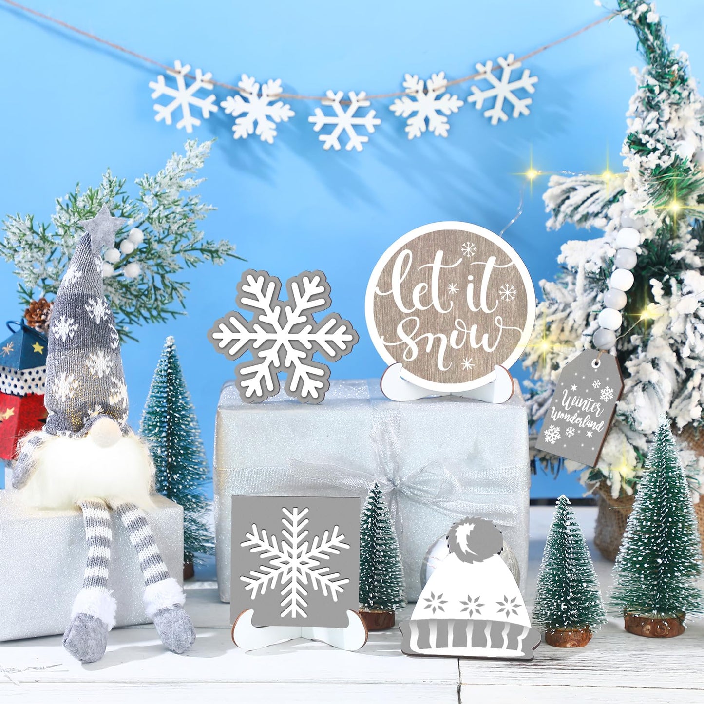 Soaoo 16 Pcs Winter Tiered Tray Decor Snowflake Rustic Gnome Plush Winter Tray Decor Wood Table Signs for Holiday Table Centerpieces Home Decorations(Silver Gray)