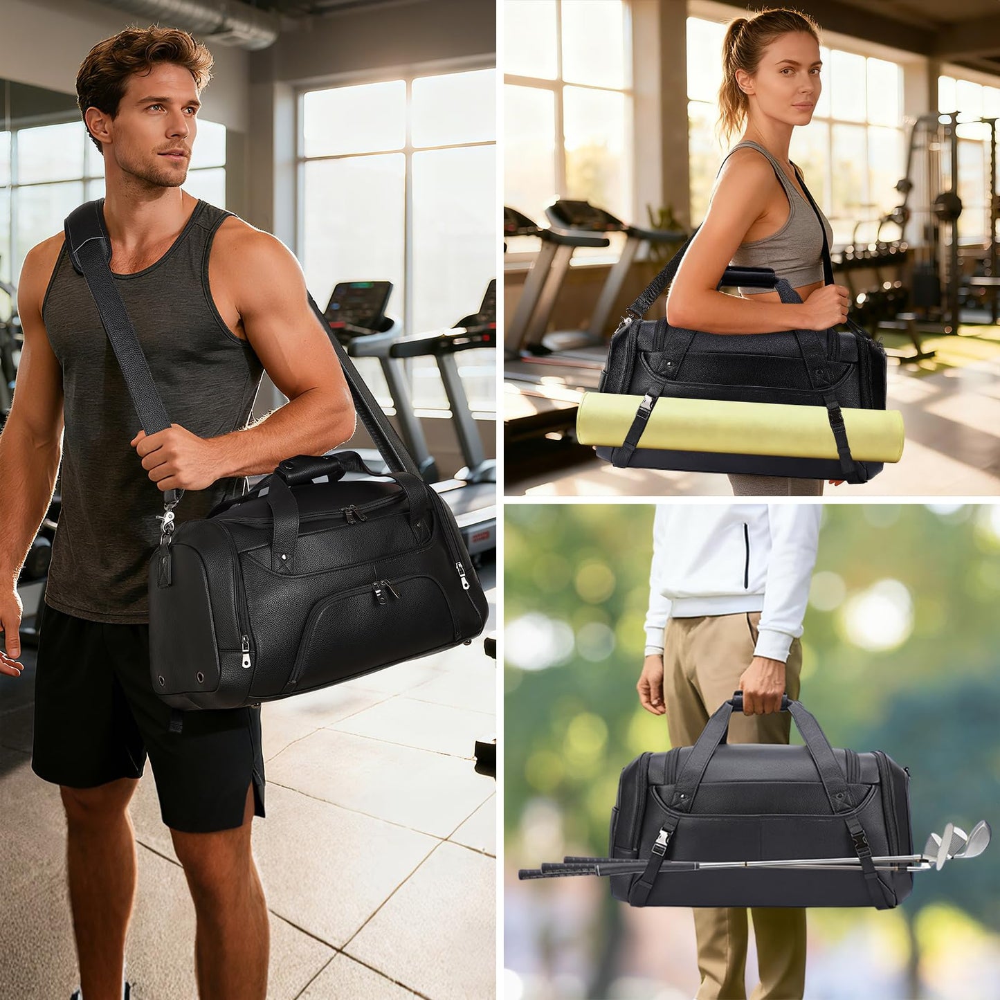 TIDING 21" Leather Travel Duffle Bag for Men Women, 40L Gym Sports Duffel Bag Waterproof Weekender Overnight Luggage Bag with Shoe Compartment