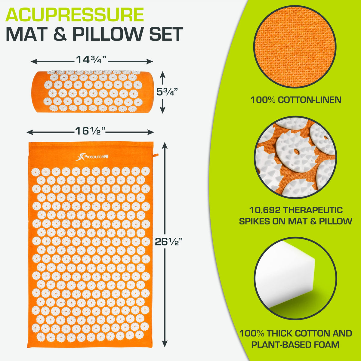 ProsourceFit Acupressure Mat and Pillow Set for Back/Neck Pain Relief and Muscle Relaxation, Orange