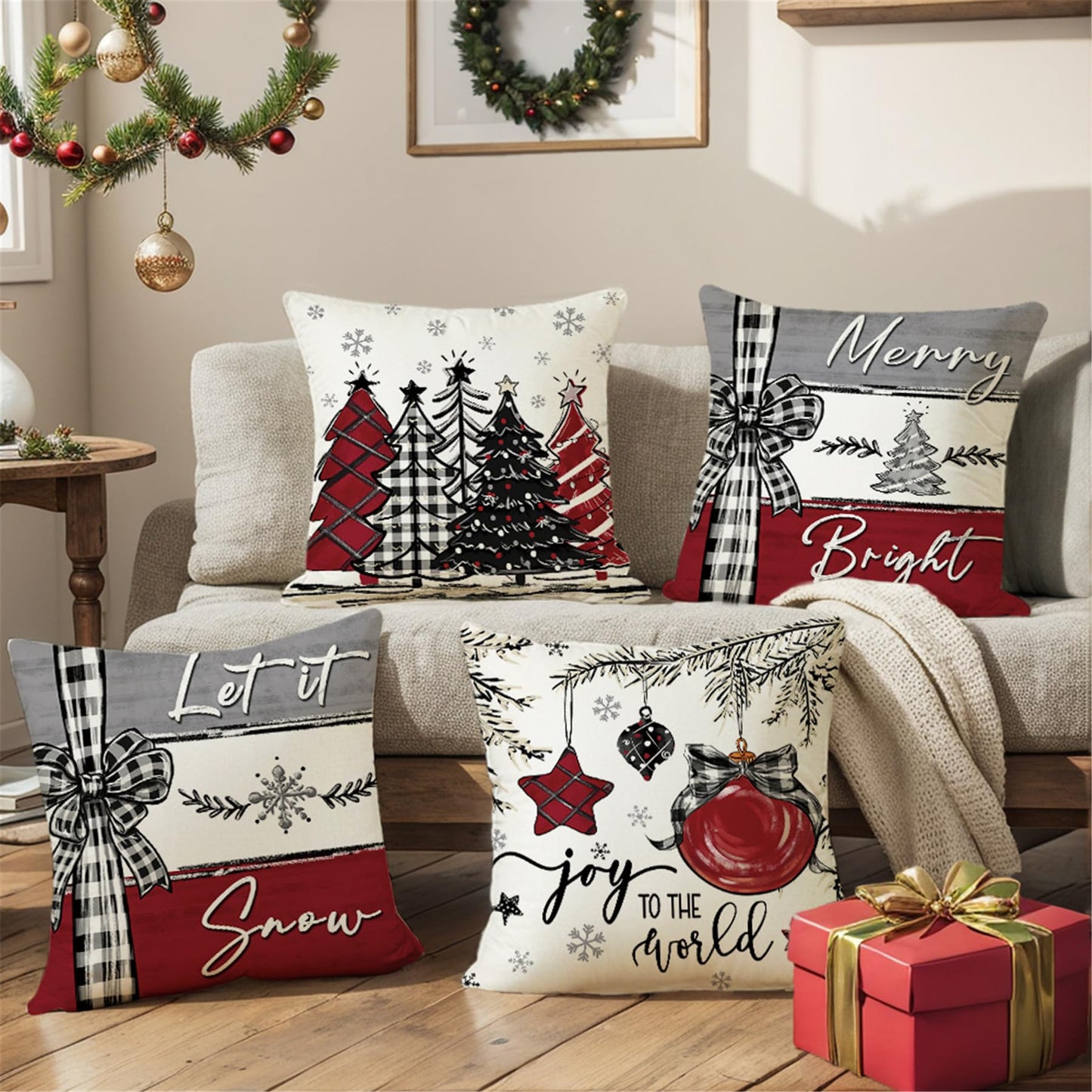 Ni-JASW Red Grey Plaid Christmas Throw Pillow Covers 18x18 inch, Farmhouse Let it Snow Tree Balls Xmas Cushion Case for Sofa Couch Set of 4