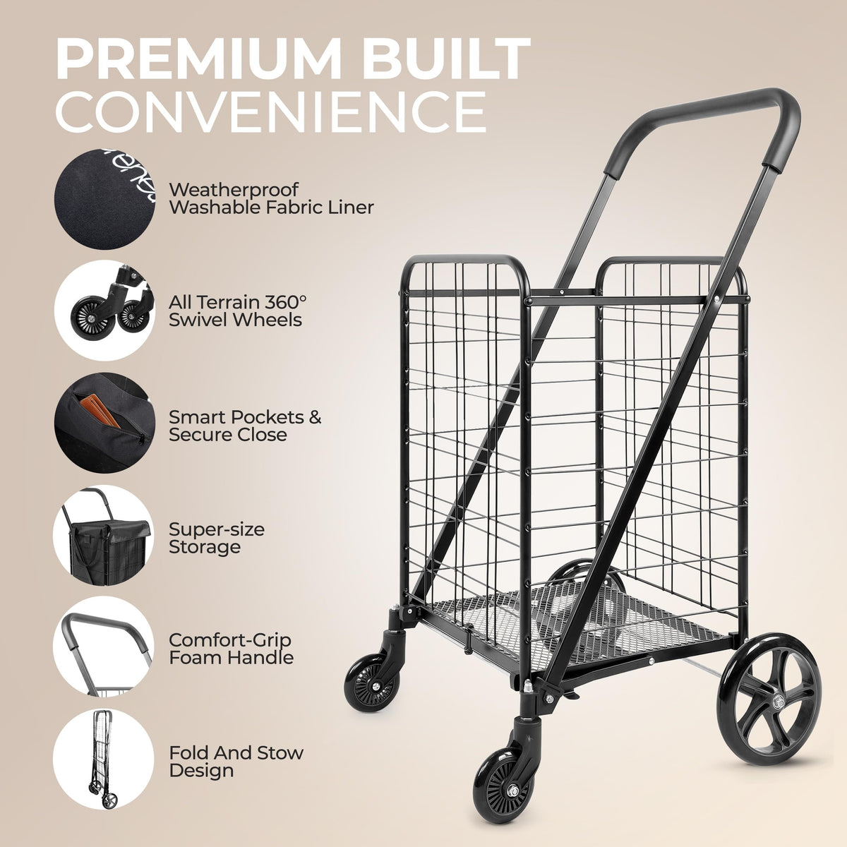 SereneLife Large Folding Utility Shopping Cart with Removable Liner – Heavy Duty, 360° Swivel Wheels, 110 lb Capacity, Portable for Groceries, Laundry, Luggage, and More (Black)