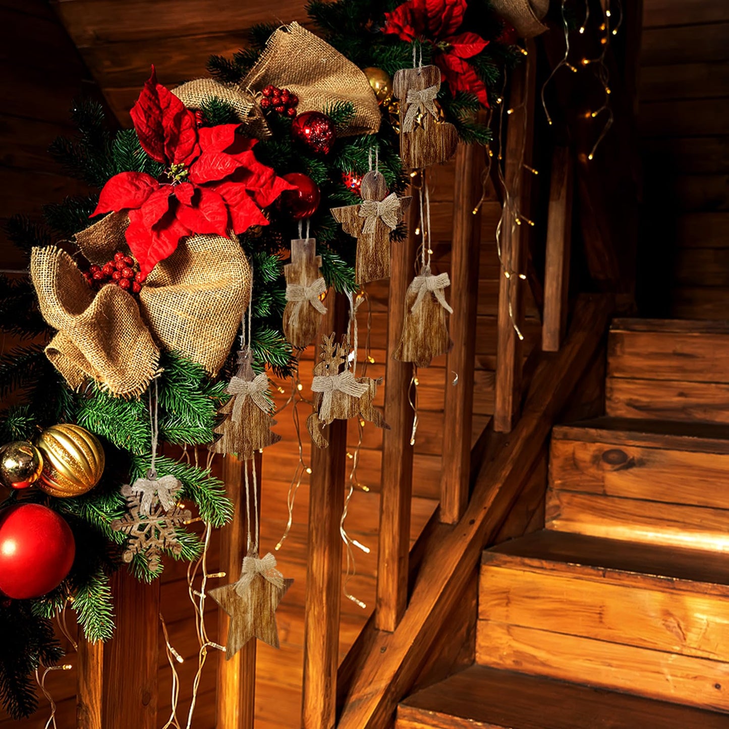 Lineshading 8 Pcs Rustic Christmas Tree Ornaments Wooden Farmhouse Ornaments Angle Snowflake Reindeer Tree Hanging Decor for Fireplace Xmas Home Office (Cute Style)
