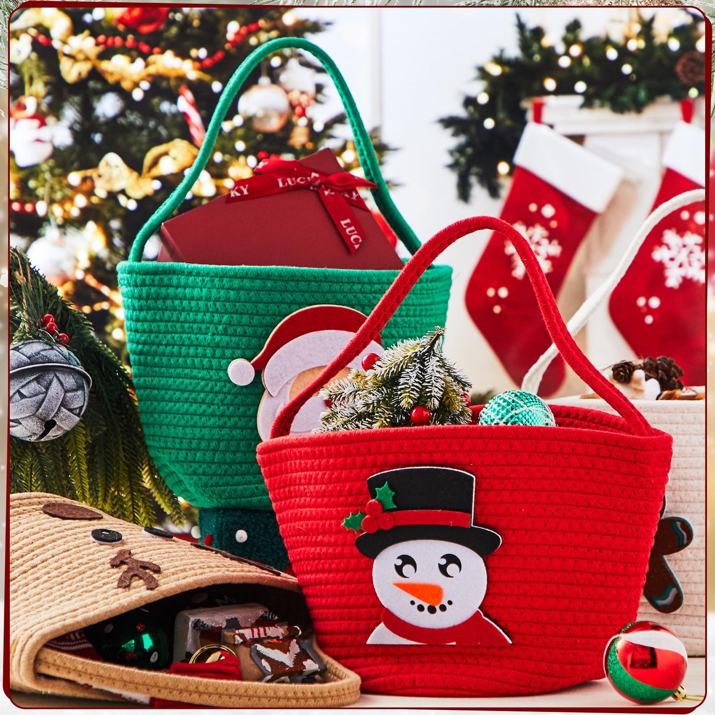 Sliner 4 pcs Christmas Woven Basket Empty for Gifts Woven Cotton Rope Basket with Christmas Xmas Decoration Storage with Handle for Baby Showers Snack Storage Xmas Decor Party Supplies Gifts