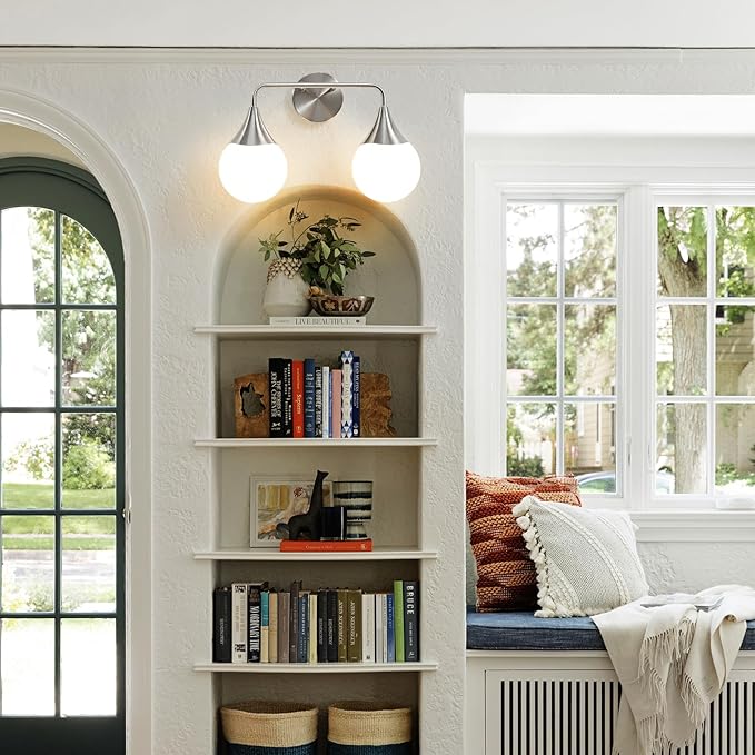 Bathroom Vanity Light Fixtures: Brushed Nickel 2-Light Mid Century Farmhouse Bathroom Lighting Fixtures Over Mirror - Wall Sconce with Frosted Globe Glass for Hallway Restroom