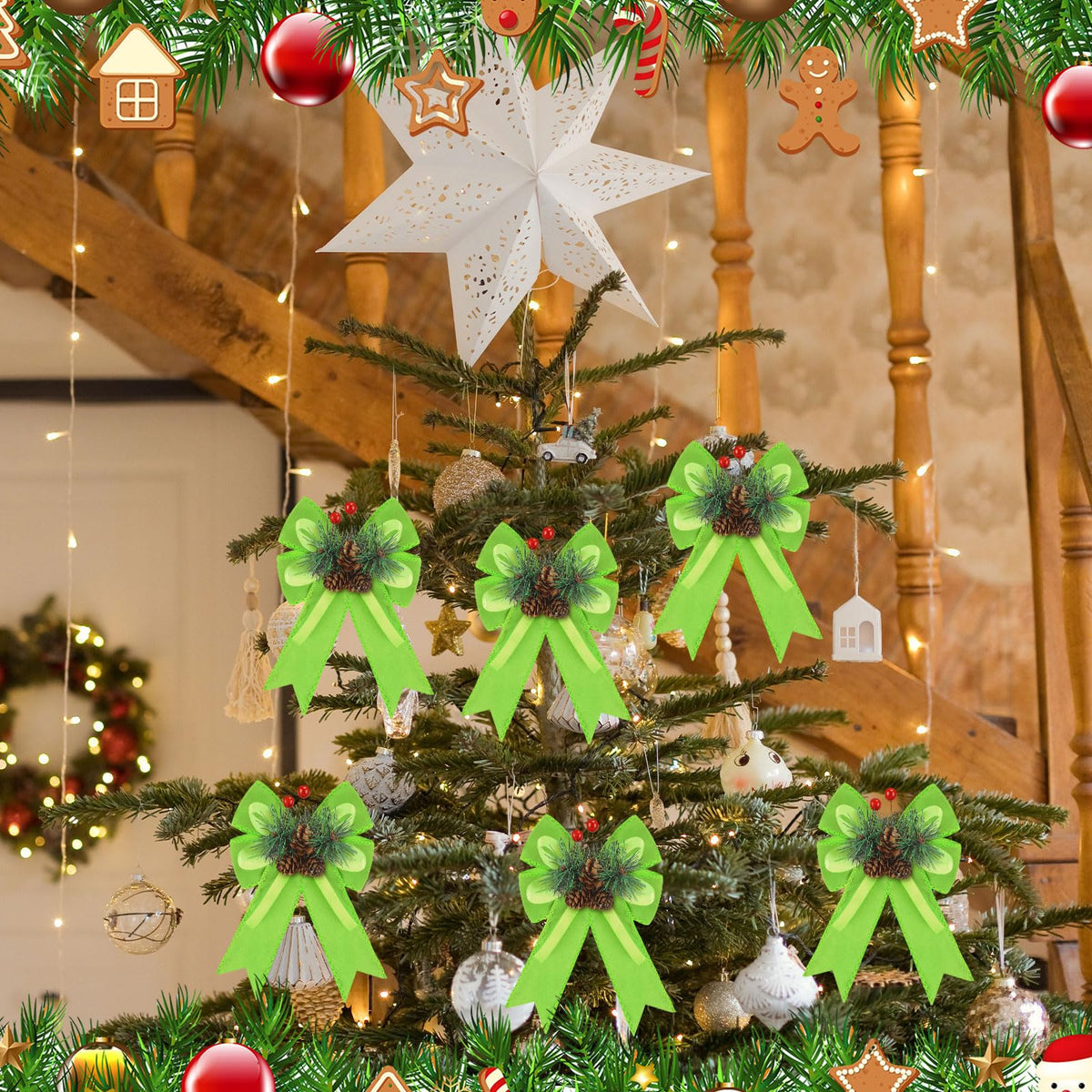 Syhood 6 Pcs Christmas Velvet Bow with Pine Cones Pine Needles Berries Xmas Lime Green Ribbon Bow Ornaments 6.3 x 5.1 Inch for Christmas Tree Wreath Garden Fireplace Crafts DIY Decor