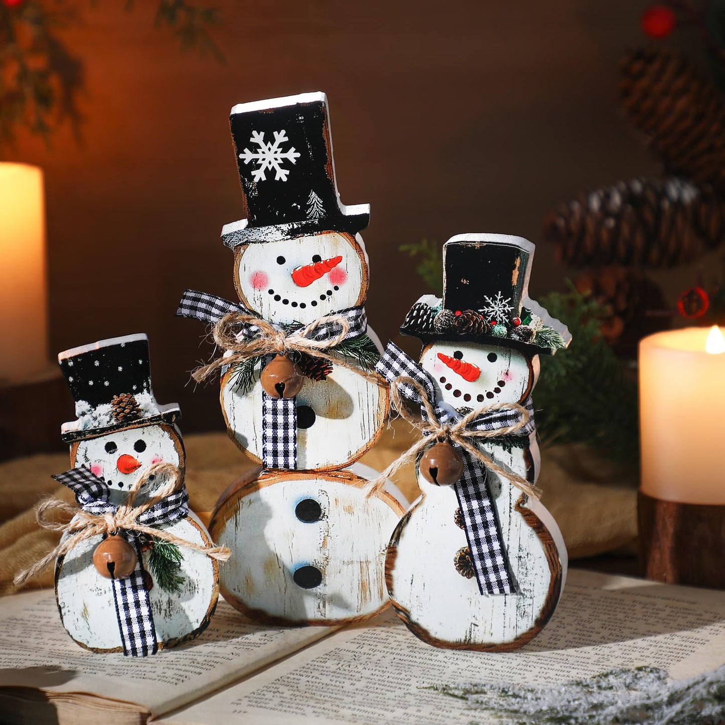 Barydat 3 Pack 3 Pcs Christmas Table Decorations Wooden Snowman Centerpieces Table Sign Tiered Tray Desktop Xmas Decoration for Indoor Home Kitchen Gifts Party (Pine Cone Snowman)
