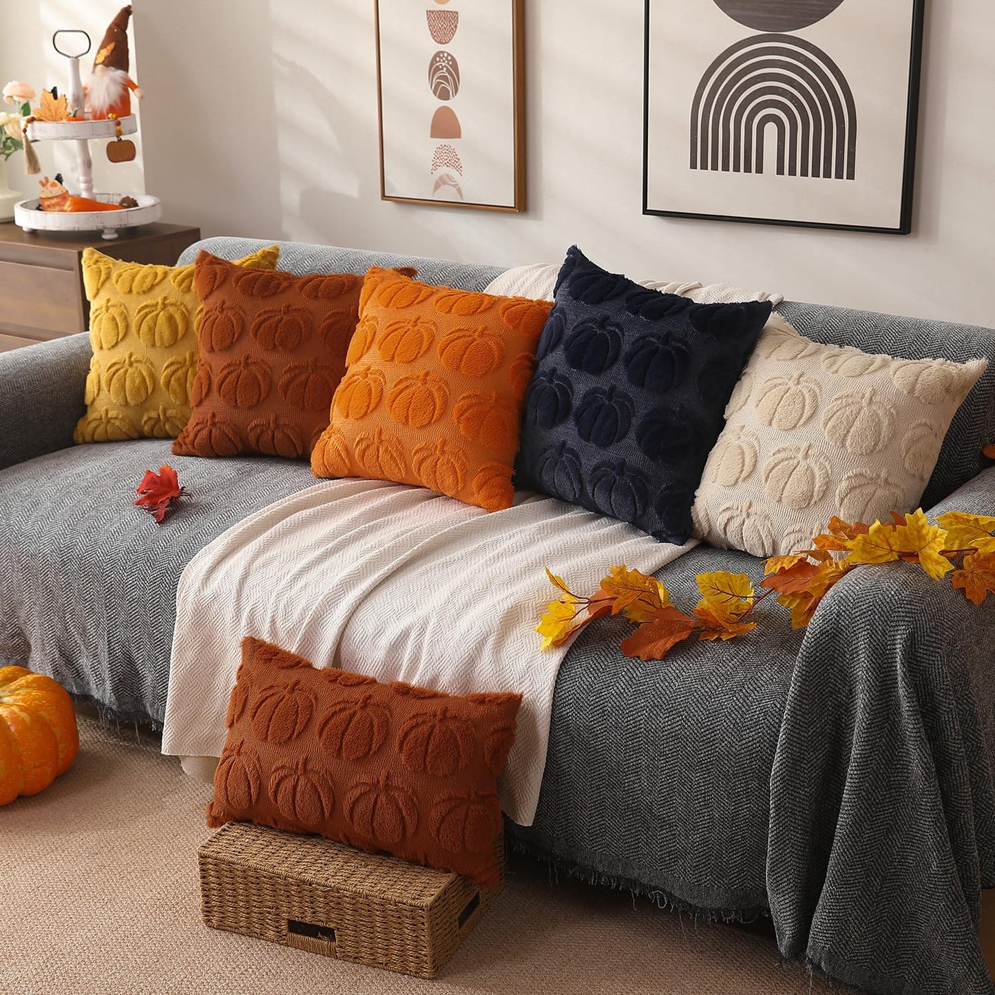 DFXSZ Fall Pillow Covers 18x18 Set of 2 Fall Decorations Autumn Beige Pumpkin Throw Pillow Cases Soft Plush Faux Fur Wool Couch Cushion Case for Chair Sofa Bedroom Living Room Home Decor PTK012B18
