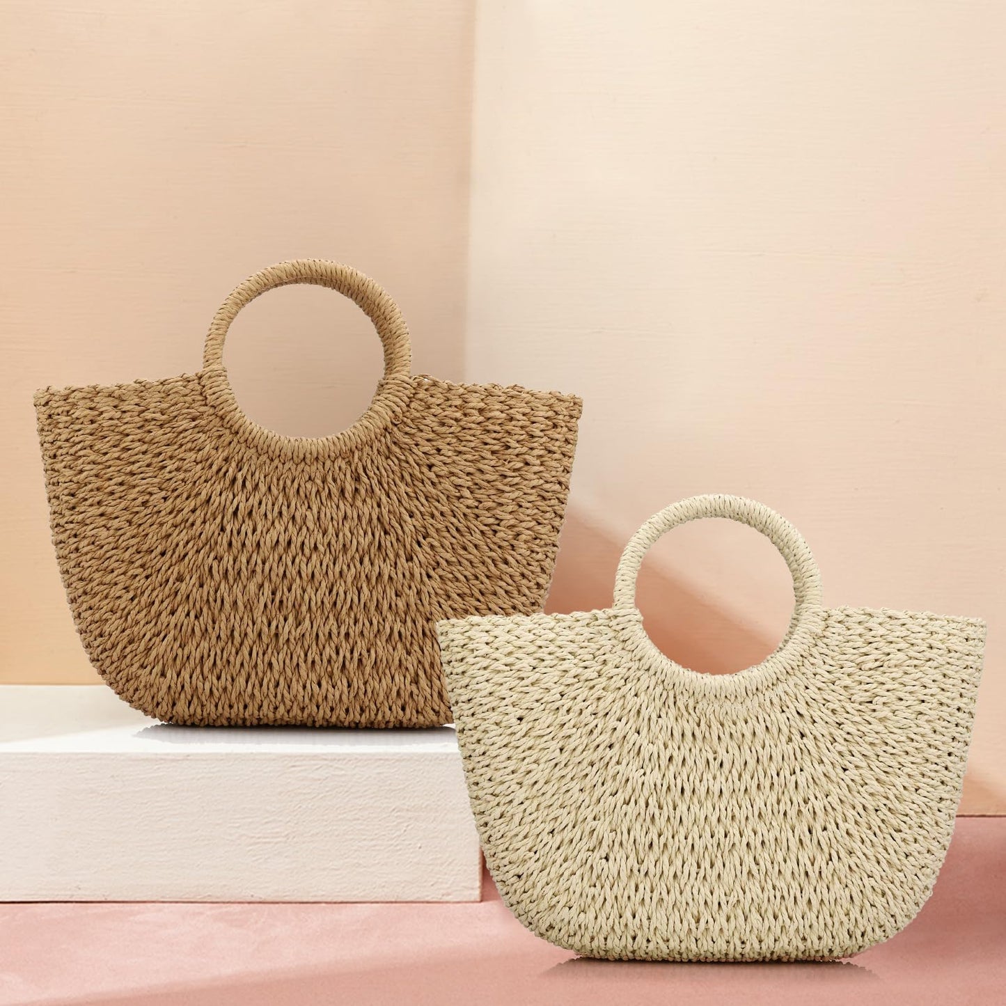 Women Summer Beach Bag, Straw Handbag Top Handle Big Capacity Travel Tote Purse Hand Woven Straw Large Hobo Bag (Brown)