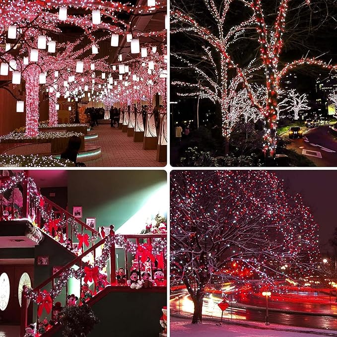 OZS 2PK 240LED 95FT Solar String Lights Outdoor Waterproof | Solar Christmas Tree Lights with 8 Lighting Modes Solar Light Outdoor for Xmas Party Garden Tree Christmas Decorations (Red&Cool White)