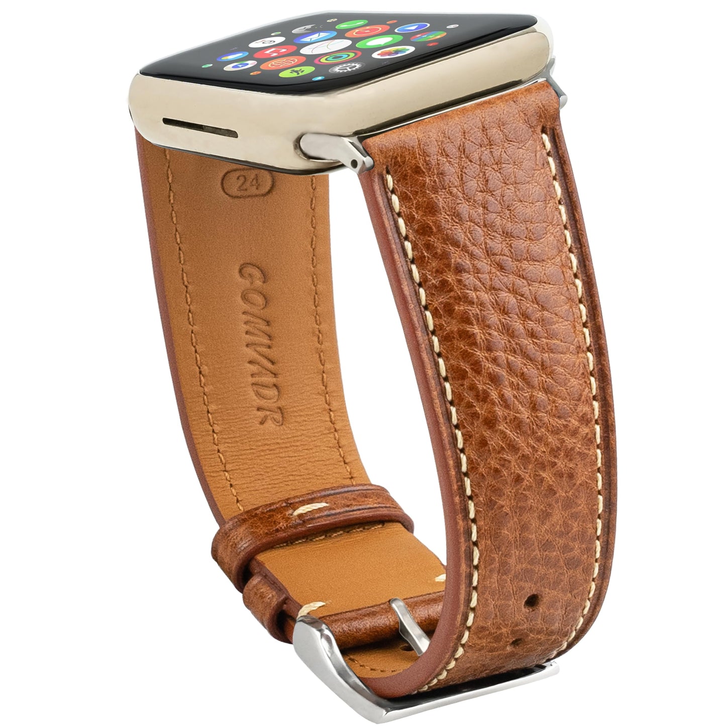 GOMVADR Top Grain Leather Band Compatible with Apple Watch, Tan Brown with Silver Buckle, Genuine Leather Strap for iWatch Series 9/8/7/6/5/4/3/2/1/SE/Ultra, 44/45/49mm (Tan Brown with Silver Buckle, 44/45/46 (24mm/Men's Size))