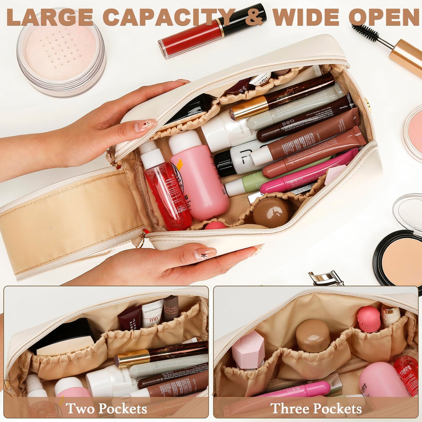 CLOUDWINGS Gifts for Women Birthday Gifts Initial Makeup Bag for Women Personalized Large Capacity Travel Toiletry Bag Cosmetic Bag Gifts for Mom-Graduation Gift for Teens Girls (Beige A)