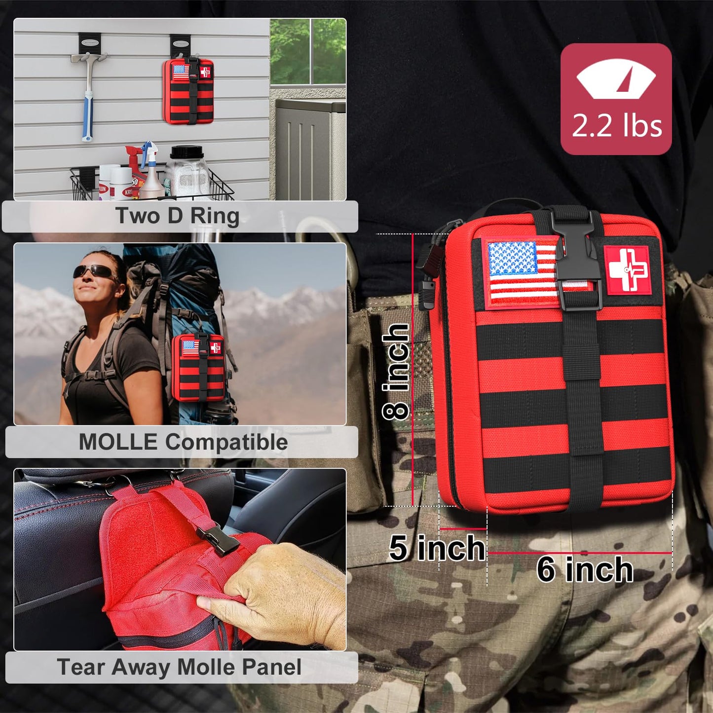 First Aid Kit,Survival Gear Outdoor Tactical Gear Set Military Grade Molle System for Camper Travel Hunting Hiking and Adventures(RED)