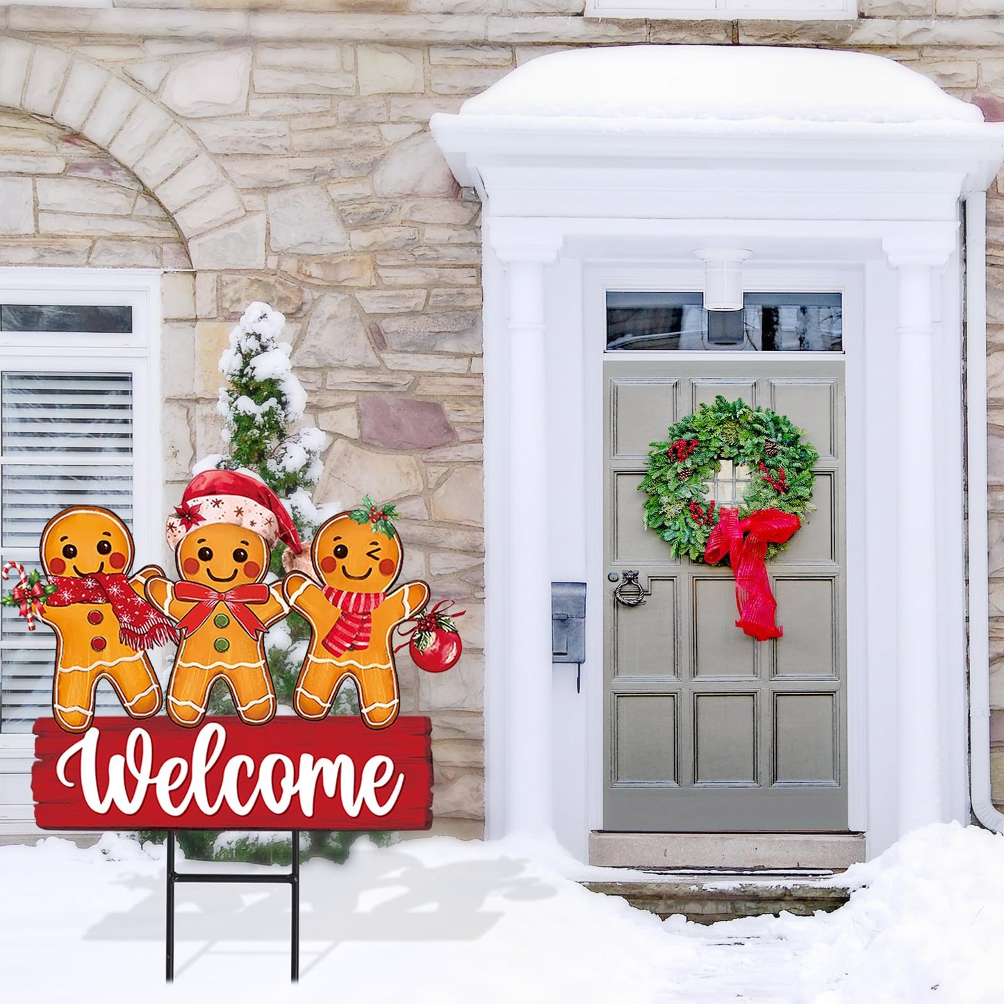Whaline Christmas Metal Garden Stake Welcome Yard Sign Gingerbread Man Decorative Lawn Sign for Xmas Winter Holiday Home Outside Lawn Porch Walkway Decors