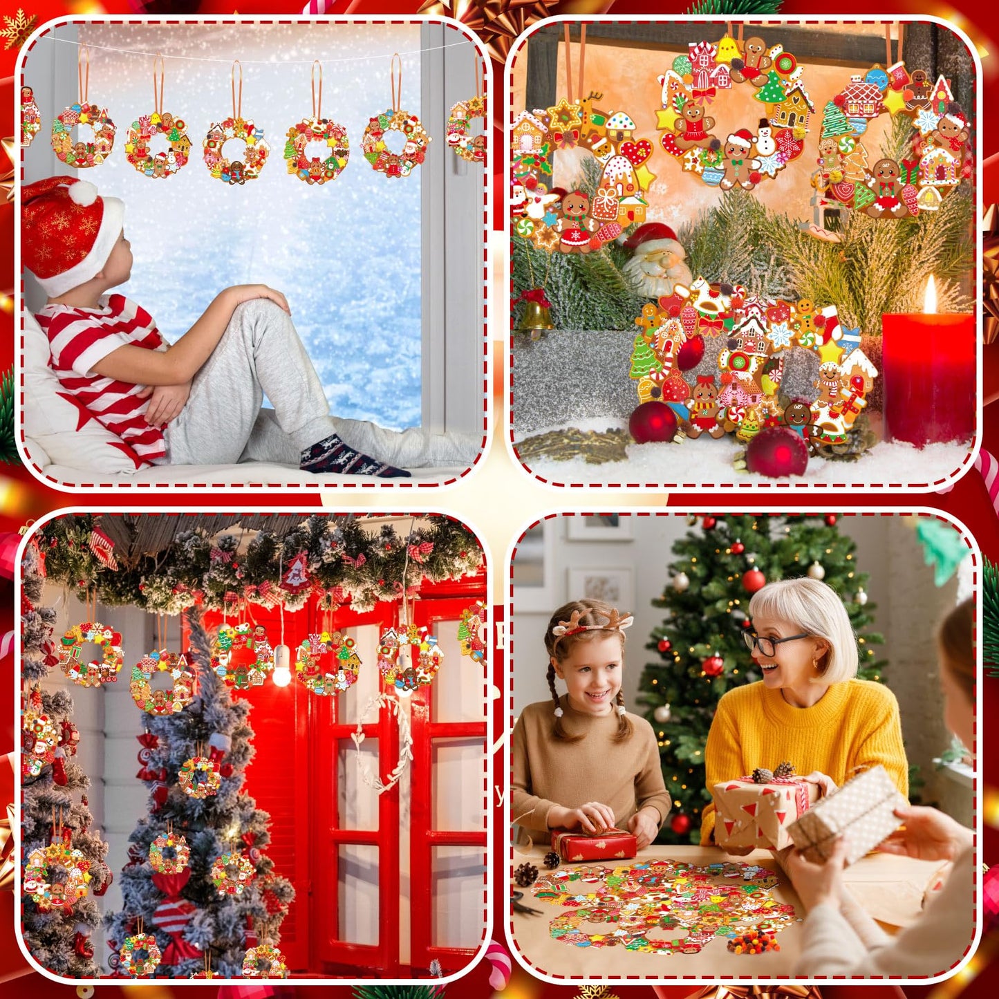 Hollowfly 48 Sets Christmas Wreath Craft Kits DIY Gingerbread Man Wreath Hanging Ornaments with Stickers for Christmas Xmas Party Supplies Favors Home Activities