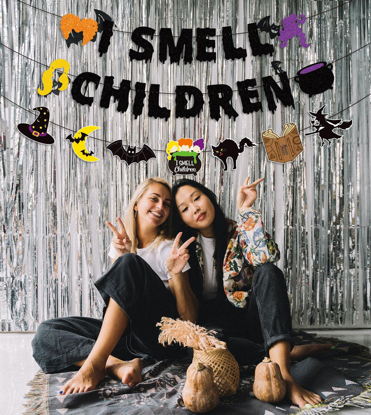 JOZON Black Glittery I Smell Children Banner with Witches Pot Signs Halloween Hocus Pocus Witches Garland Banner Halloween Holiday Haunted House Party Decorations for Mantle Fireplace Wall