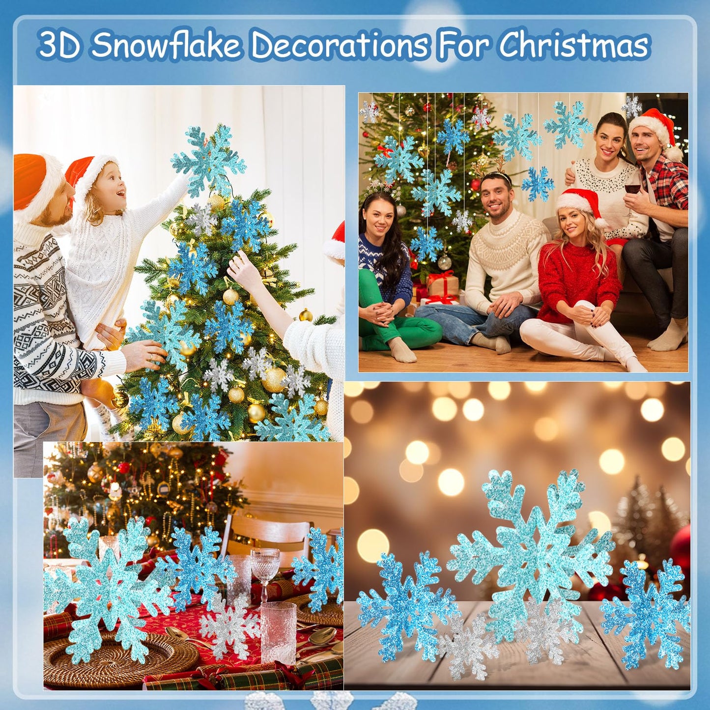 AmazingSpark 45 Pcs Winter Paper Snowflake Table Decorations 3 Sizes 3D Snowflake Tabletop Centerpiece Signs Blue Silver Table Decor for Christmas Winter Wonderland Home Party Holiday Decor Supplies