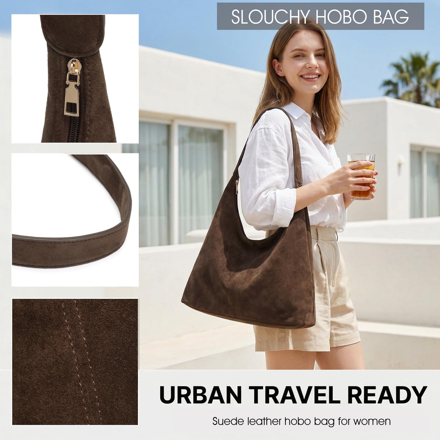 Slouchy Suede Hobo bag for Women Casual Shoulder Bag Soft Cresent Tote Purse Handbag Work Travel