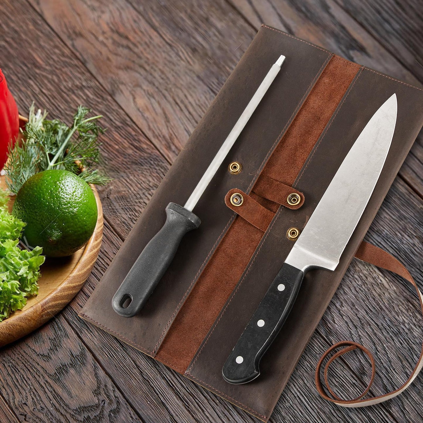 Leather Double Knife Roll for Chefs,Vertical Knife Storage Case,Portable Travel Carry-On Roll Bag,Rectangular Protector Sheath Pouch Organizer for Chef Kitchen Cutlery Knives Accessories,Cooking Tool
