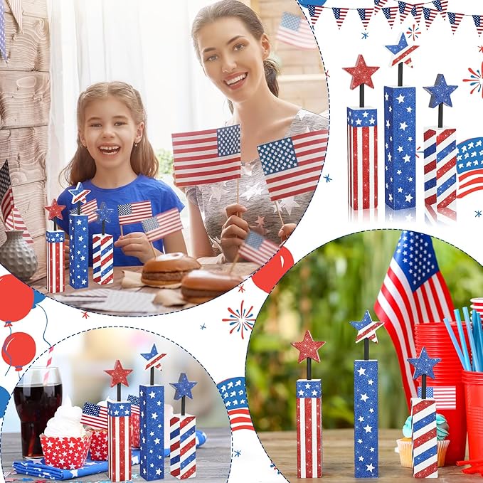 COCHIE 4th of July Decorations Set, Red White Blue Decor, Wooden Patriotic Memorial Day Tiered Tray Decor, Labor Day Decorations, Fourth of July Decoration for Home Office Table (Flag Shinny)