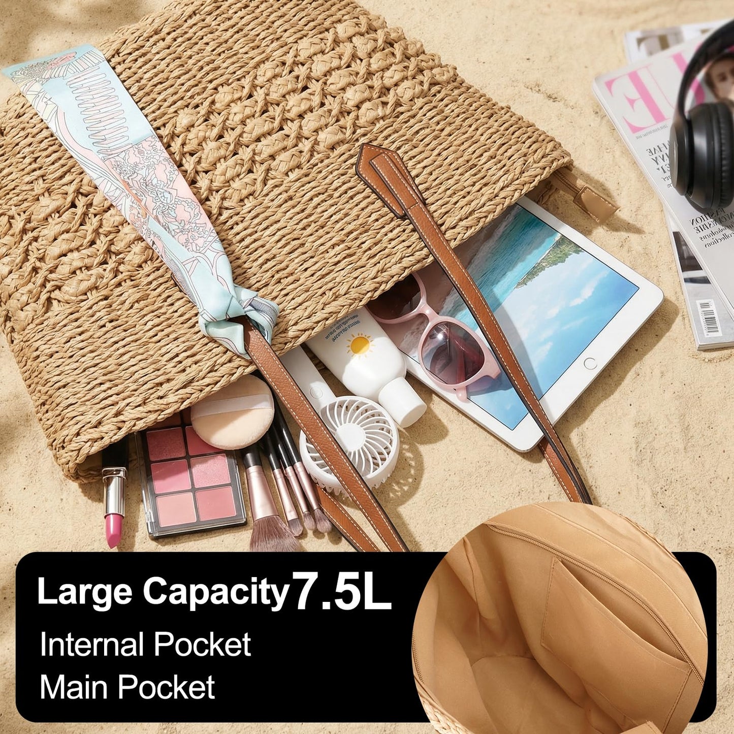 Aodse Beach Bags for Women, Summer Straw Beach Bag with Zipper Pocket, Durable Straw Tote Bag Shoulder Handbags for Beach, Travel, Vacation, Shopping (Khaki)