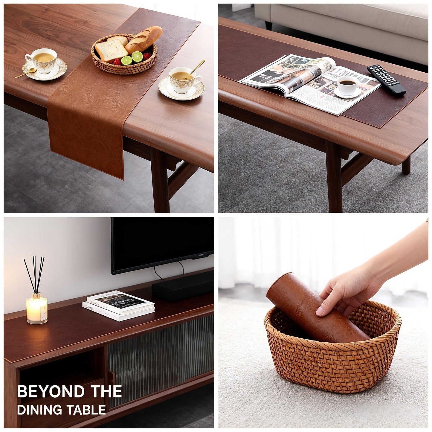 Double-Sided Faux Leather Table Runner, Brown & Coffee Reversible, Waterproof Heat Resistant Non-Slip Wipeable Oil-Proof Tablecloth, for Dining/Coffee/TV Stand/Dresser 13x72 inch
