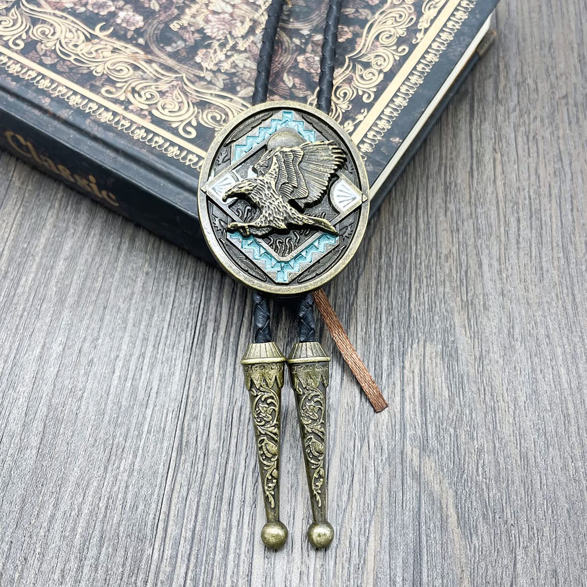 QUKE Native American Western Cowboy 3D Bald Eagle Sunset Bolo Tie Hand-woven Leather Bronze Bola Tie Necktie for Men Women