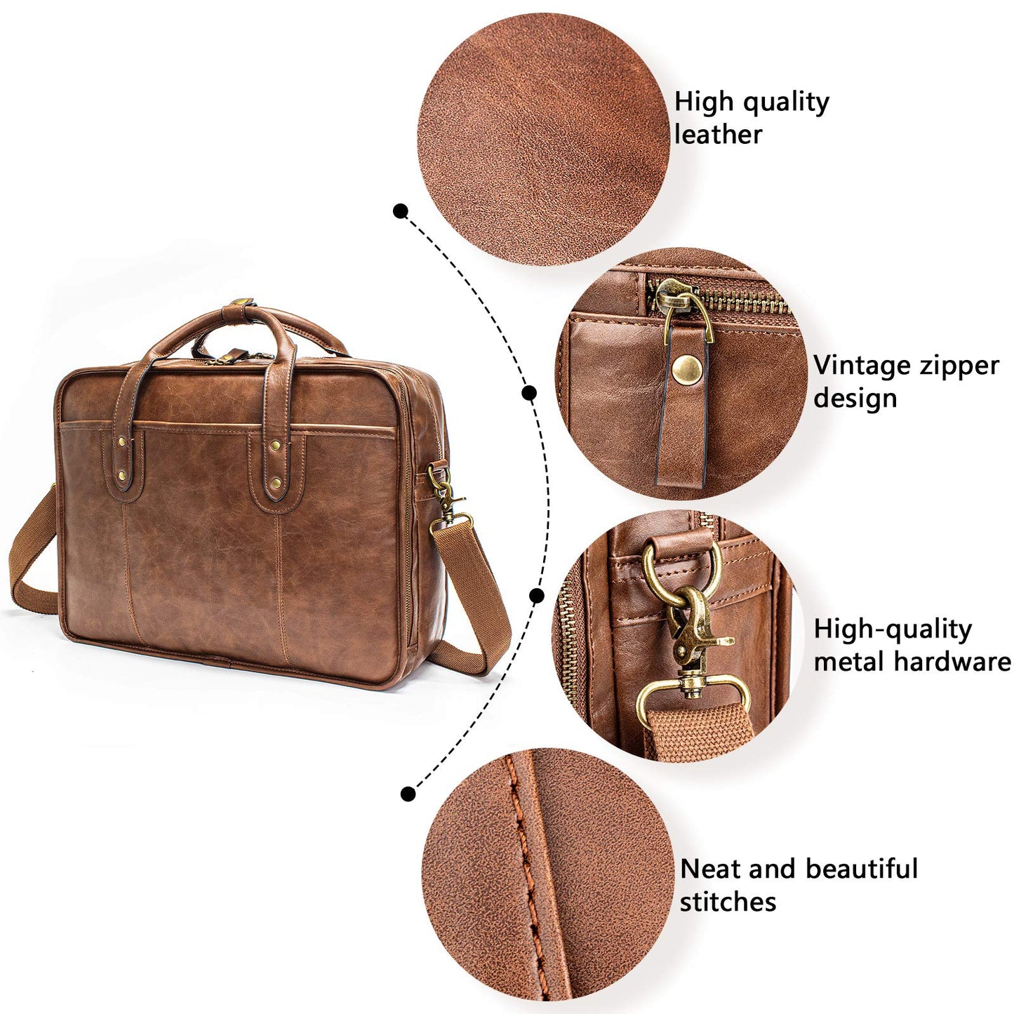 Leather Briefcase for Men - 15.6 Inch Business Laptop Bag - Water Resistant Vintage Messenger Bag - Brown