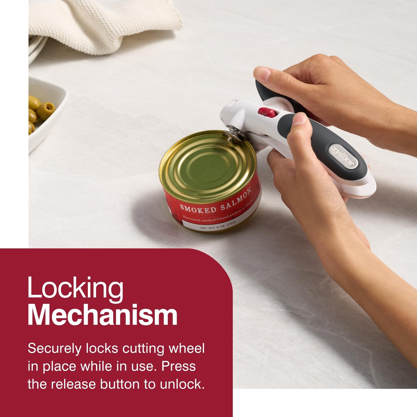 Zyliss Lock N' Lift Can Opener with Lid Lifter Magnet - Manual Opener with Locking Mechanism - Easy-to-Turn - Magnetic Can Opener - White/Gray