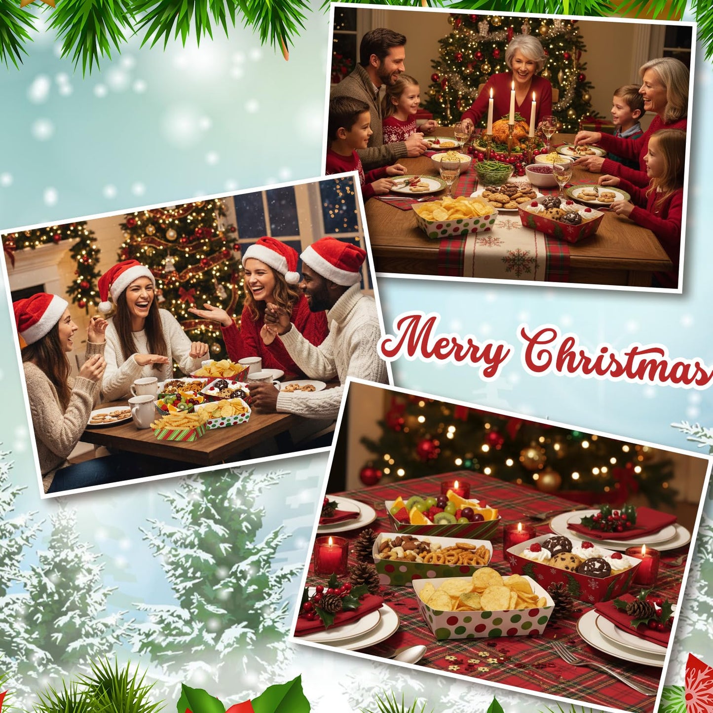 Dunzoom 24 Pcs Christmas Paper Food Trays Plates Disposable Christmas Movie Snack Trays Santa Elf Snowman Red Green Plates Nacho Hot Dog Serving Boat for Xmas Party Supplies Decoration (Style 2)