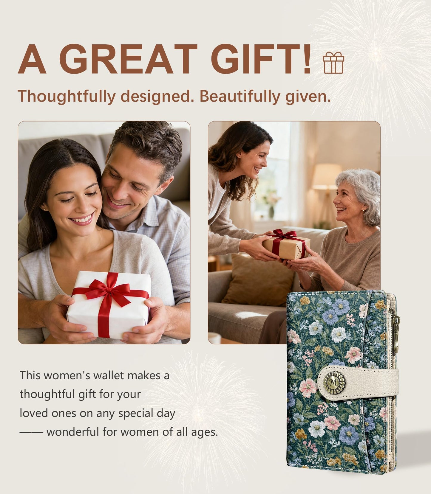 Flower Wallet Women RFID Blocking Bifold, Cute Passport Holder, Zipper Coin Pocket, Credit Card Holder, Travel billfold, PU Leather, Clutch, Cash Purse, Pen Holder, Gift for Woman Ladies Female Girls
