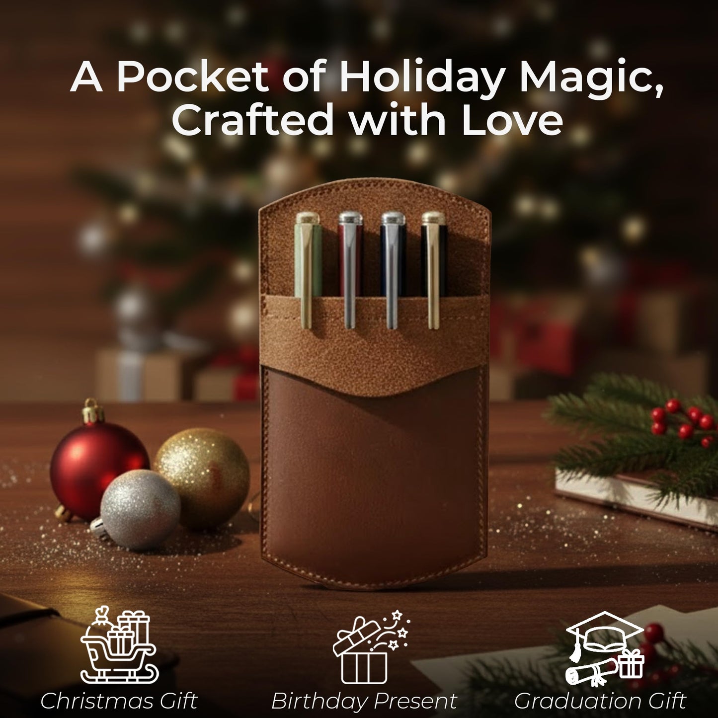 Wanderings Genuine Leather Pocket Protector - 3.5" x 6.25" - Handmade Leather Pen and Pencil Pocket Pouch Organizer for Office and Home - Pocket Pen Holder, Tool Pouch