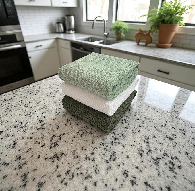 Sage White Dark Green Kitchen Hand Dish Towels: Oversized 28" x 18", 100%
