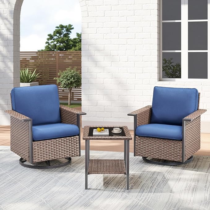 3 Pieces Outdoor Patio Furniture Set-Wicker Patio Swivel Rocker Chairs Set of 2 with Outdoor Side Table, Comfy Rattan Glider Chairs Outdoor Seating Furniture for Porch Deck Balcony Garden Brown/Blue
