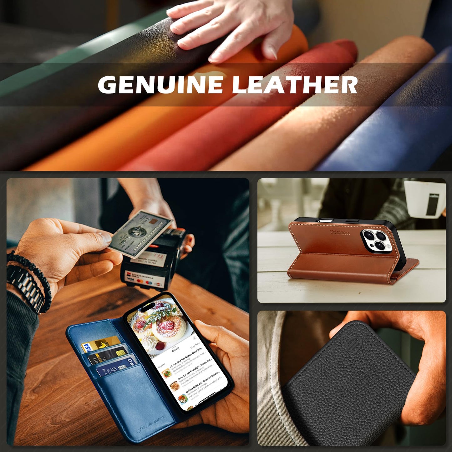 SHIELDON Wallet Case for iPhone 16 Pro 6.3" 2024, Genuine Leather Folio Magnetic Closure RFID Blocking Card Holder Kickstand Full Protection Phone Case Compatible with iPhone 16 Pro - Retro Brown