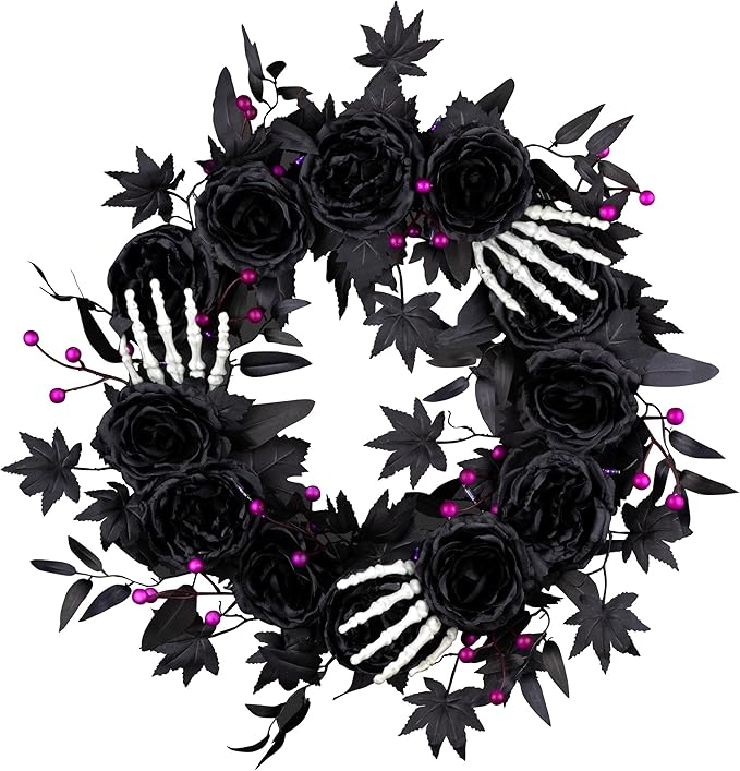 National Tree Company, 24inch Artificial Bad to The Bone Halloween Wreath, 30 Purple LED Lights,
