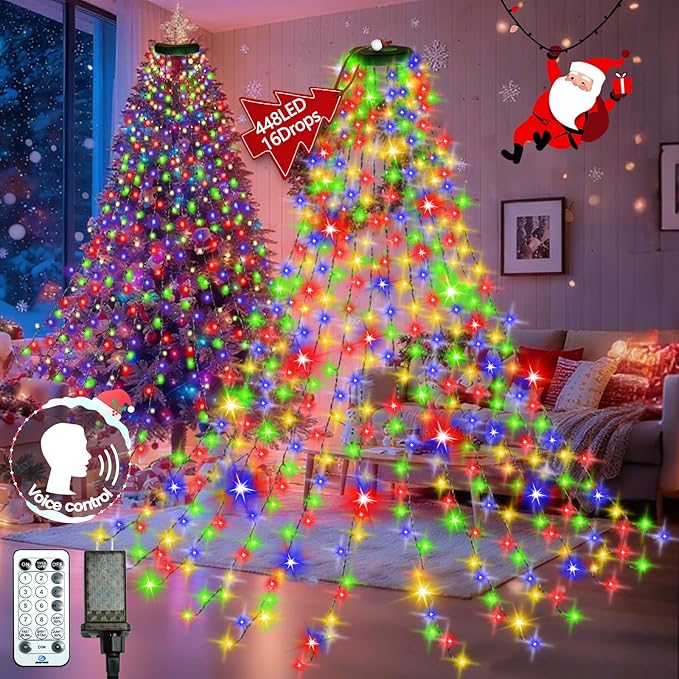 448LED Cascading Twinkle Christmas Tree Lights Indoor with Smart Voice Control & Remote | 7FT x 16 Lines Waterfall Tree Topper Lights, 12 Modes & Timer for 7FT Xmas Tree Christmas Decor(Multicolor)