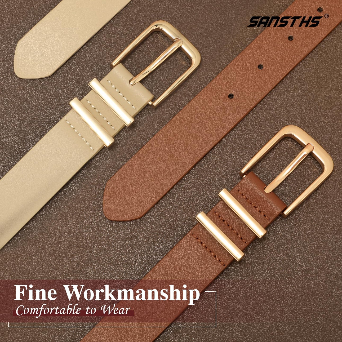 SANSTHS 2 Pack Women Belt for Jeans Pants, Simple Fashion Ladies Waist Belt with Gold Buckle, 1inch Width, Black+Beige S